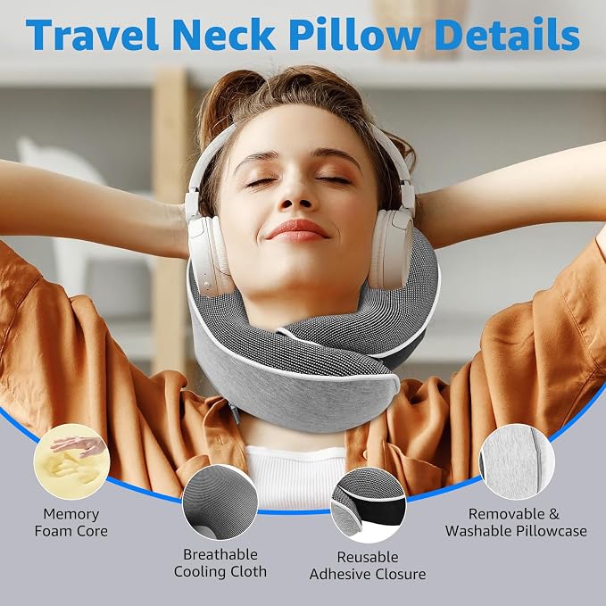 Memory Foam Travel Neck Pillow | Ergonomic 360 Degree Head Support for Airplane, Car and Office Sleeping, with Breathable Cotton Cover and Carry Bag, Gray-2 - Image 5