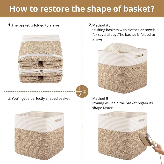 OIAHOMY 13 Inch Cube Storage Bins, 3-Pack Cotton Rope Woven Baskets for Organizing, Insert Storage Baskets for Shelves, Baby Nursery, Closet Organizer, 13 * 13 * 12.6IN, Brown & White - Image 7