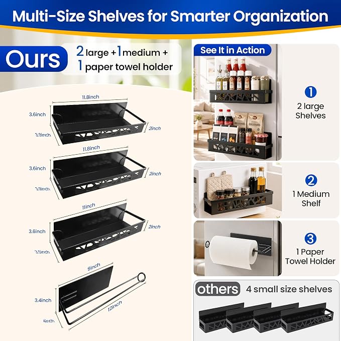 Magnetic Spice Rack with Paper Towel Holder,4 Pack refrigerator organizer | Space Saving Magnetic Shelf Storage,No Drill,Storage Spices, Snacks & Kitchen Essentials,Small Kitchen,Apartment or RV - Image 3