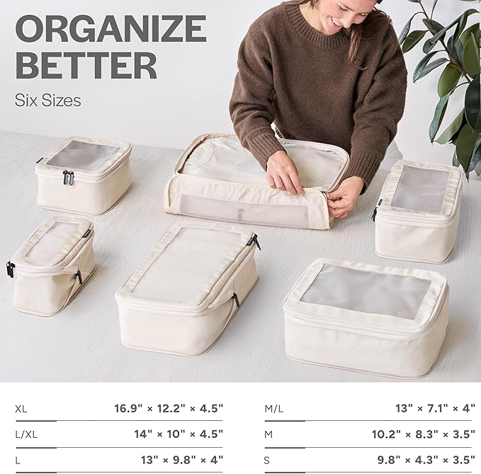 Compression Packing Cubes for Travel, 6-Pack, Beige | Solves overpacking, 6-Piece set fits most suitcases, 50% Space savings, Compression luggage organizer bags - Image 3