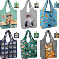 BeeGreen Cat Reusable Shopping Bags Cute Grocery Bag 6 Pack, Christmas Gift Bags Heavy-Duty Foldable Shopping Totes for Supermarket, Work & Travel, Large Washable Polyester Tote Bag with Handles by BeeGreen