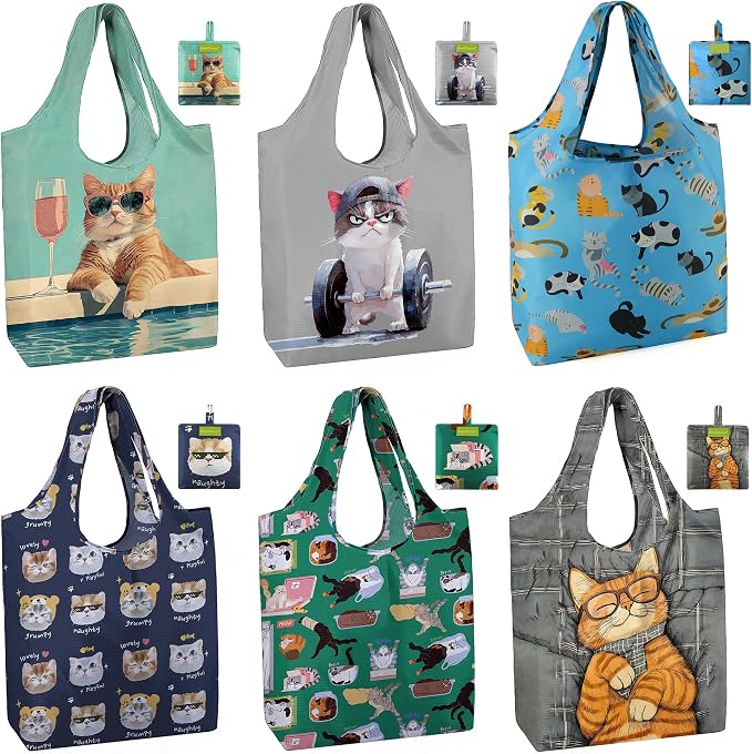 BeeGreen Cat Reusable Shopping Bags Cute Grocery Bag 6 Pack, Christmas Gift Bags Heavy-Duty Foldable Shopping Totes for Supermarket, Work & Travel, Large Washable Polyester Tote Bag with Handles by BeeGreen