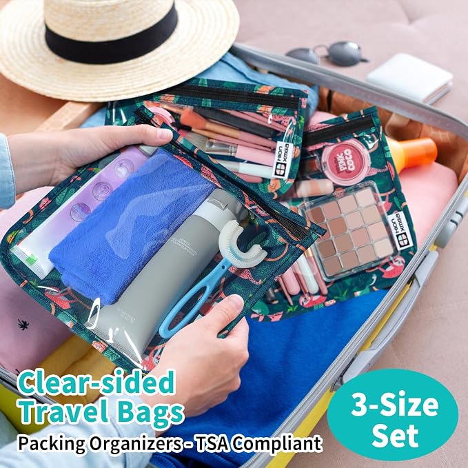 HIONXMGA Set of 3 Clear Travel Toiletry Bag, TSA Approved, Quart Size S/M/L | Clear Front Zipper Pouches Waterproof Cosmetics Bags for Women Kids Toiletries Baby Essentials Well-Organized Carry, Jungle - Image 2