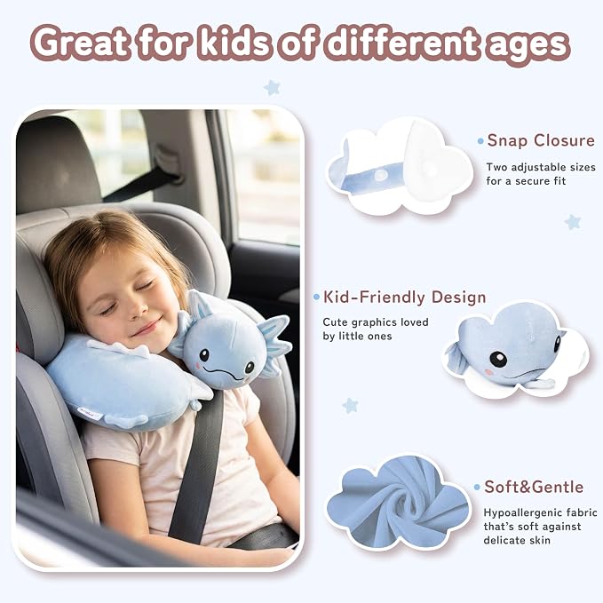 Kids Travel Neck Pillow for Ages 3-8 with Memory Foam, Blue Axolotl | Removable cover, 13 in neck size, machine washable, hidden zipper, head and chin support, car seat and airplane use - Image 5