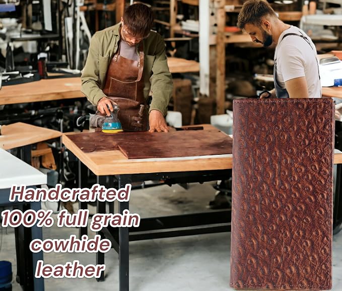 F&L CLASSIC Men's RFID Vintage Look Genuine Leather Long Bifold Wallet Checkbook Wallets,ostrich print brown,240-51 - Image 4