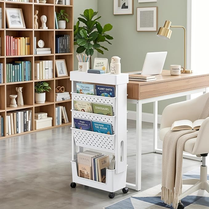 BYFU 5-Tier Movable Bookshelf Cart, Rolling File Paper Storage Organizer Mobile Bookcase with Wheels for Home Office Study Classroom, White - Image 2