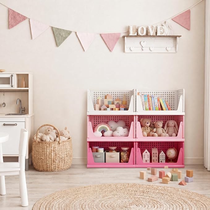 Pink Girl Closet Organizers and Storage Stackable Plastic Drawer Basket for Clothing Stackable Storage Bins Shelf Storage Container for RV Closet Wardrobe Bedroom Bathroom Playroom 6 Pack - Image 2