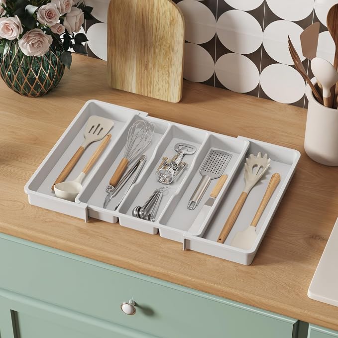 Lifewit Utensil Organizer for Kitchen Drawers, Expandable Utensil Tray | Adjustable Cooking Cutlery Silverware Flatware Holder, Plastic Spatula Tools Storage Divider, 13-22 x 15", White - Image 9