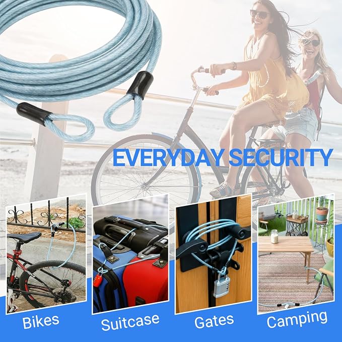 5mm Security Cable Lock with High Reflective Threads, Flexible Steel Safety Cable for Bicycle Motorcycle Luggage, 4FT 7FT 10FT 15FT Double Loop Design (Light Blue, 2pack-10FT) - Image 3