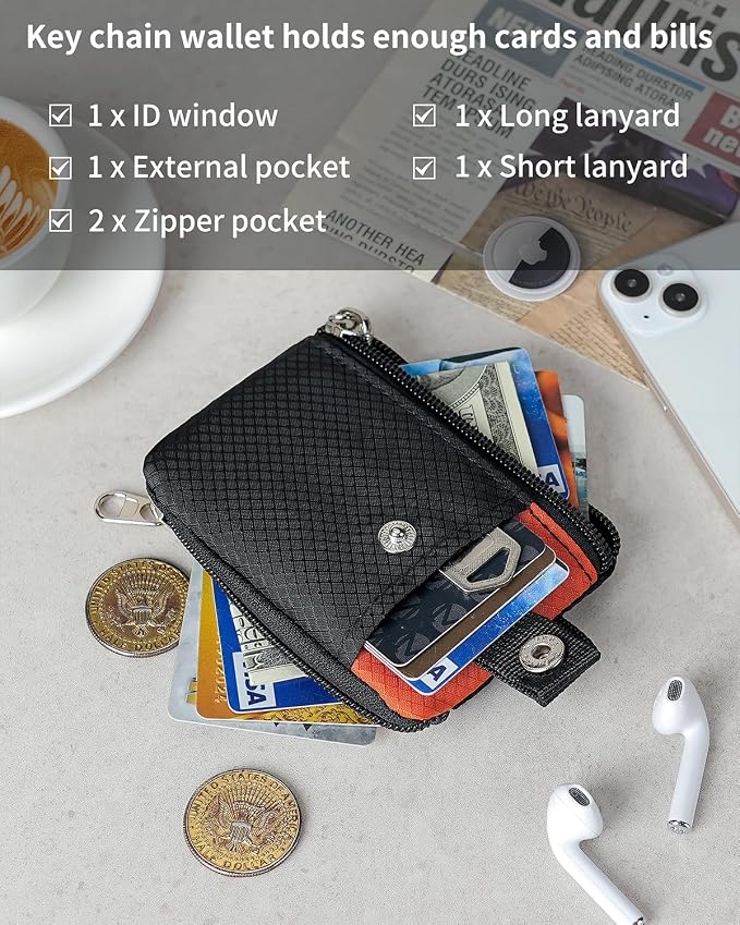 Artpaxy Minimalist Wallet For Mens Womens, Keychain RFID Blocking Zipper Small Wallet with ID Window 2 Lanyards,Water Resistant Travel Cash Card Coin Case Boys Girls - Image 5