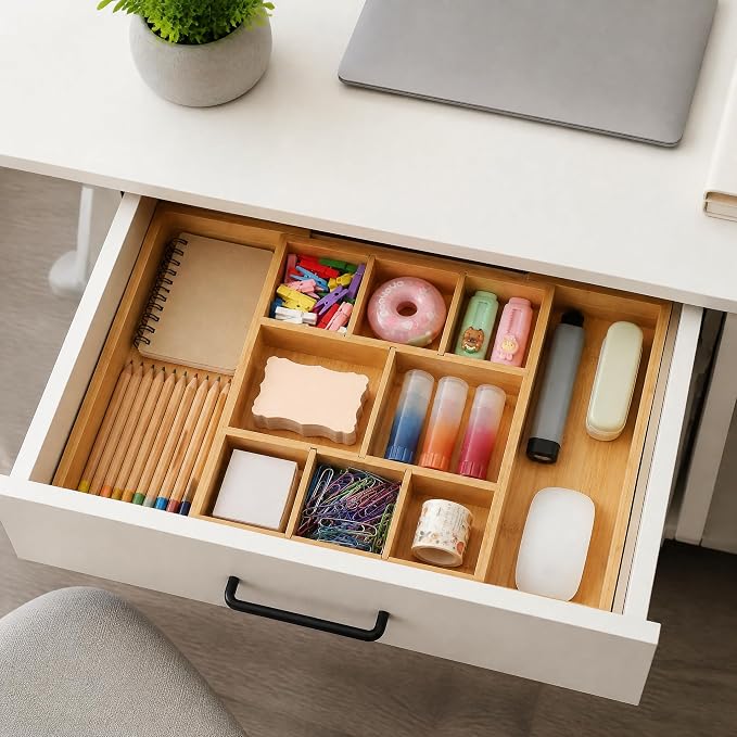 Bamboo Drawer Organizer Expandable Desk Storage Set, 10 Adjustable Compartment Junk Drawer Divider and Trays Containers for Kitchen Utensil, Office Supplies, Makeup, Jewelry & Cosmetics Organization - Image 6