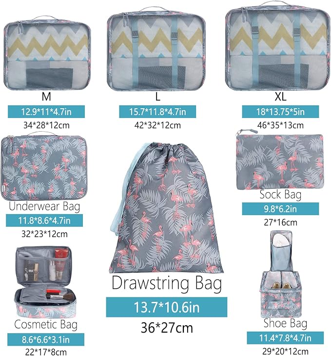 BAGAIL 8 Set Packing Cubes Luggage Packing Organizers for Travel Accessories-Red Flamingo - Image 2