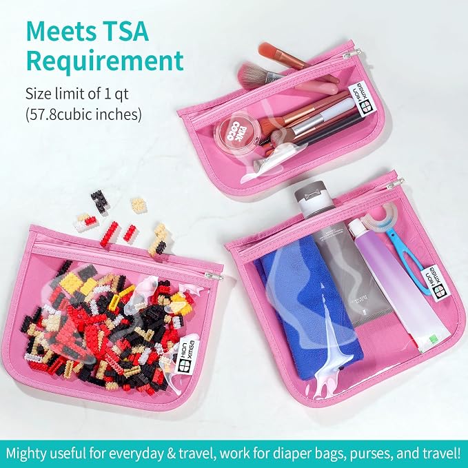 HIONXMGA Set of 3 Clear Travel Toiletry Bag, TSA Approved, Quart Size S/M/L | Clear Front Zipper Pouches Waterproof Cosmetics Bags for Women Kids Toiletries Baby Essentials Well-Organized Carry, Pink - Image 3