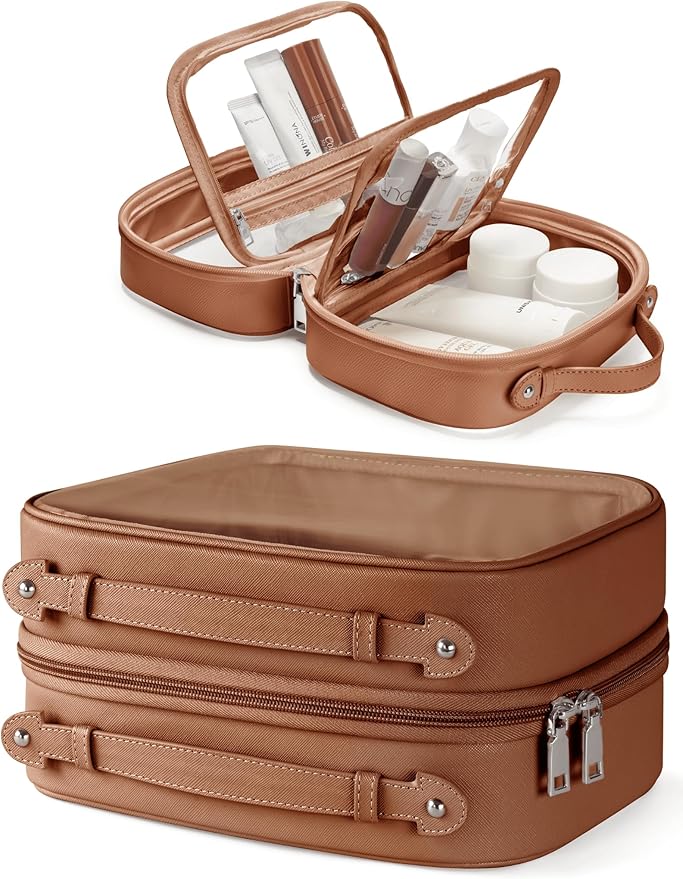 Clear Cosmetic Bag Double Layer Travel Toiletry Bag Clear Makeup Bag Case with 4 Compartments, Transparent Travel Bag for Toiletries, Large Toiletry Bag for Women Cosmetic Case (Brown, Large) by Oaque