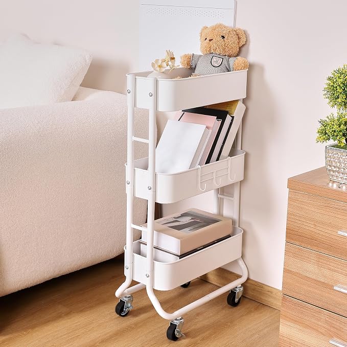 MAX Houser Slim 3-Tier Rolling Utility Cart with Extra Hook, White | Narrow Metal Bathroom Storage Multifunctional Organizer Carts with Wheels with Extra Hook, Laundry Room,Kitchen,Small Space - Image 5