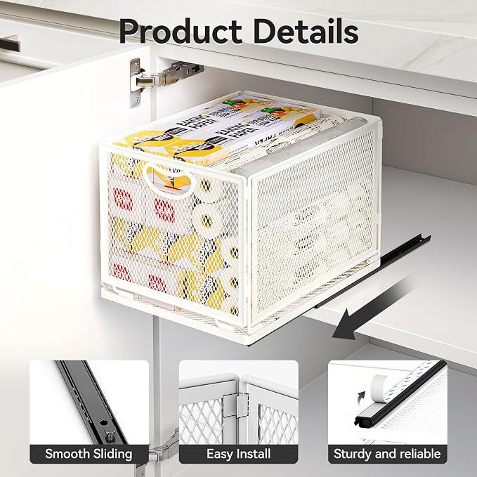 Pull Out Cabinet Organizer, No Drill Adhesive Sliding Drawers for Kitchen, Metal Mesh Wire Storage Shelf for Pantry & Under Sink, White (9.6" W x 11.8" D x 8.4" H) - Image 3