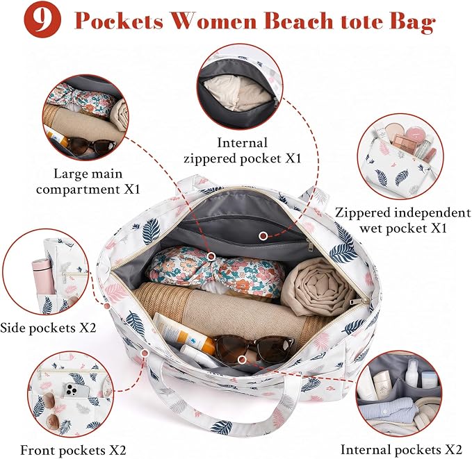 Large Beach Bags for Women, Waterproof Sandproof Beach Tote Bags Swim Pool Bags with Zipper & Wet Pocket Family - Image 5