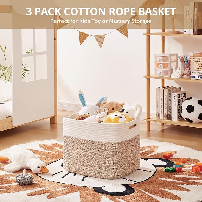 OIAHOMY 13 Inch Cube Storage Bins, 3-Pack Cotton Rope Woven Baskets for Organizing, Insert Storage Baskets for Shelves, Baby Nursery, Closet Organizer, 15 * 13 * 12.6IN, Brown & White - Image 4