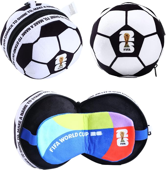 MESUCA FIFA World Cup 2026 Travel Pillow with Eye Mask, Soccer Ball Design Toy Plush 2-in-1 Neck Pillow, Ideal for Car, Airplane, Train Journeys, Kids Gift, FIFA World Cup 2026 Merchandise by Mesuca