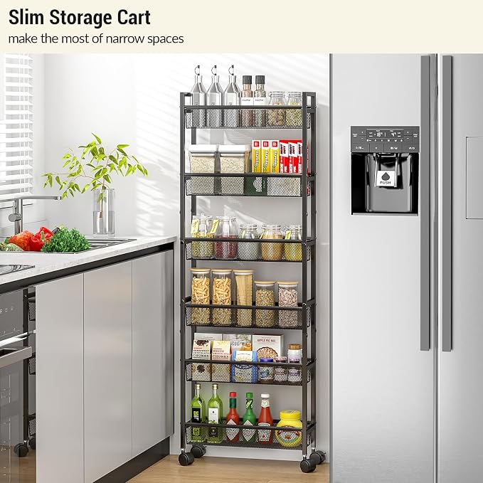 ThreeHio 6 Tier Slim Storage Cart, Narrow Cart with Wheels, Metal Mobile Shelving Unit Organizer for Kitchen, Bathroom, Laundry Room, Living Room & Narrow Spaces, Black, 6in(W) - Image 3