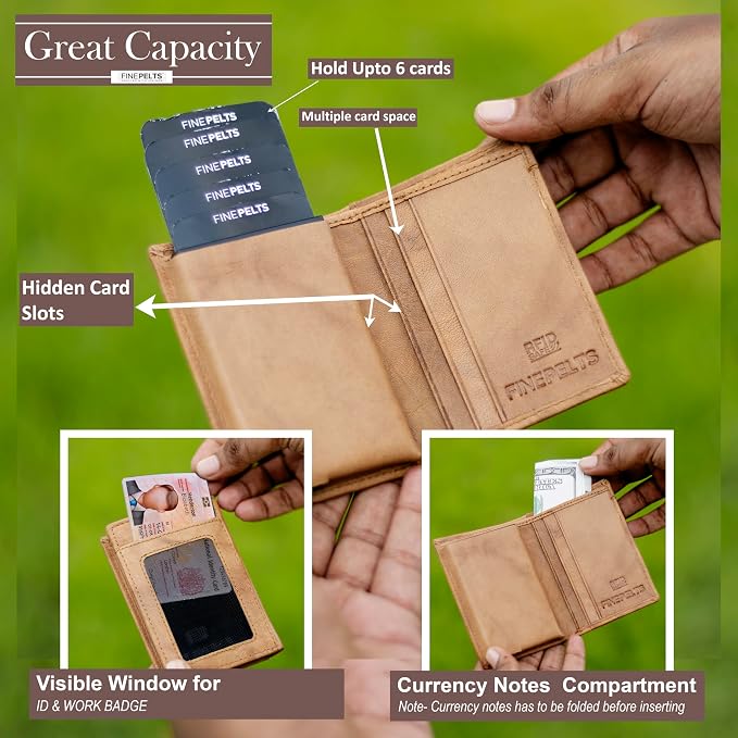 Anti-Theft Top Grain Leather RFID Card Holder Cum Minimalist Wallet for Men's and Women's (Tan) - Image 5