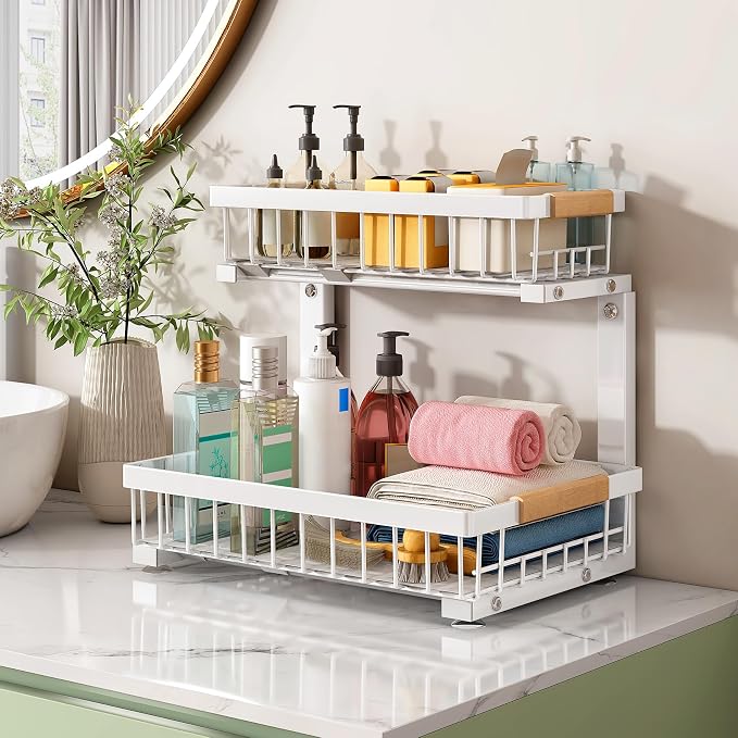 Kitstorack Under Sink Organizer, 2 Tier Under the Sink Storage, Slide out Pull out Cabinet Organizer Shelf, Metal Sliding Drawer for Kitchen Bathroom Pantry Closet Organization Rack, White, 1 Pack - Image 8