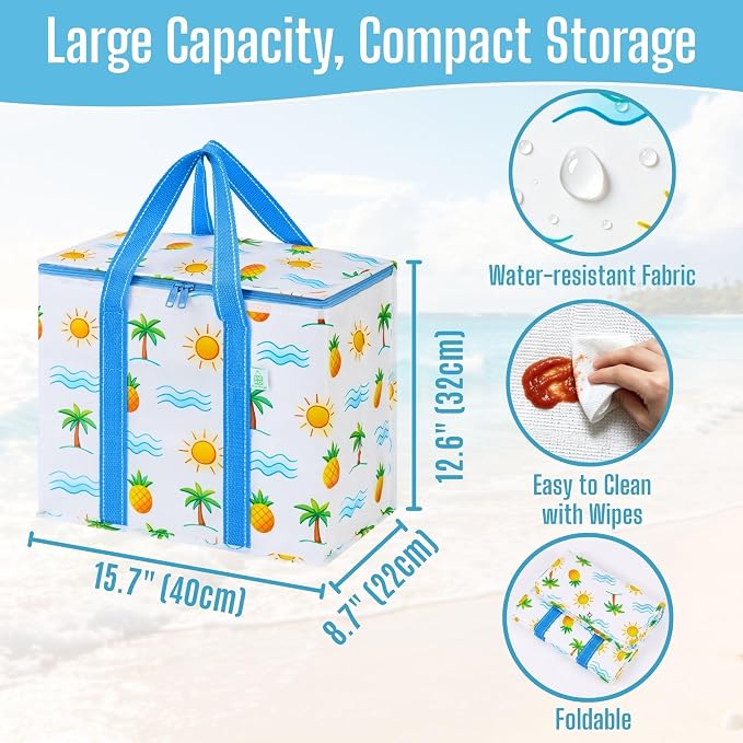 VENO 2 Pack Insulated Cooler Bag Reusable Grocery Bag for Food Delivery | Heavy Duty Large Collapsible Cooler Shopping Tote w/ Zippers, Foldable, Stands Upright for Camping (Tropical Island, 2 Pack) - Image 2