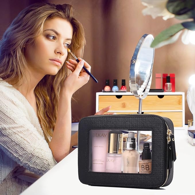 Pinkmik Clear Makeup Bag, (Black, M+L) | 2PC,Waterproof, Travel Cosmetics and Toiletries Case, Portable Makeup Organizer, Clear Car Bag with Zipper - Image 2