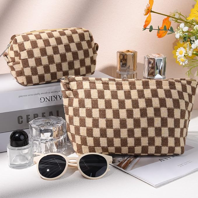 SOIDRAM 2 Pieces Makeup Bag Large Checkered Cosmetic Bag Capacity Canvas Mix Travel Toiletry Bag Organizer Cute Makeup Brushes Aesthetic Accessories Storage Bag for Women, Checkered Mix Brown - Image 2