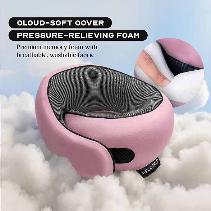 The Cozeo™ Travel Neck Pillow, 100% Pure Memory Foam Airplane Neck Pillow with Eye Mask & Earplug, Ideal for Long Flight, Car Road Trip Essentials & Sleeping | Suitable for Adults & Kids - Pink - Image 3