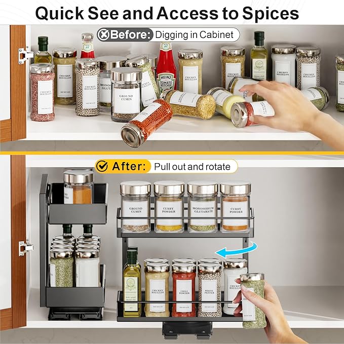 Vertical Spice Rack Pull Out - 1 Pack Rotate No-Drill Slide Out Spice Rack for Cabinet Swivel Easy Access Spices, Adjust Height for 4oz to 8oz Spice Jars Inside Kitchen Pantry Cabinet, Black - Image 3