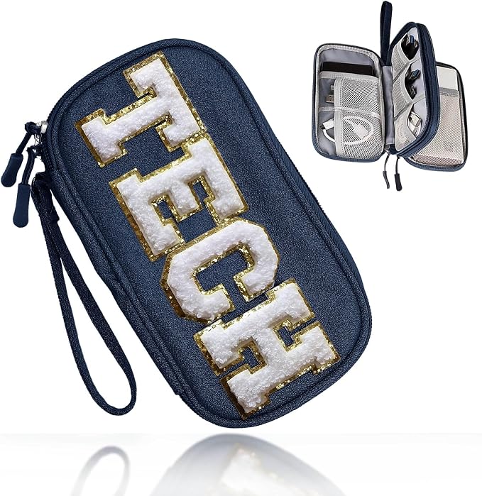 COSHAYSOO Small Electronics Organizer Bag with Chenille Letter Patch for Women Travel Gift, Cord Charger Cable Traveling Accessory Pouch Essential Supply Storage Case (Navy Blue) by COSHAYSOO