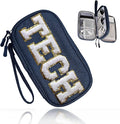 COSHAYSOO Small Electronics Organizer Bag with Chenille Letter Patch for Women Travel Gift, Cord Charger Cable Traveling Accessory Pouch Essential Supply Storage Case (Navy Blue) by COSHAYSOO