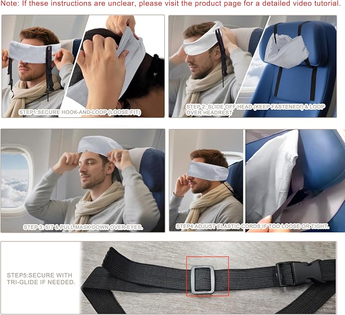 Travel Pillows for Airplanes, Airplane Head Strap with Silk Eye Mask for Sleeping, Long Flights & Car Road Trips 360°Headrest Neck Support, Stops Bobbing, Small & Compact (Gray) - Image 7