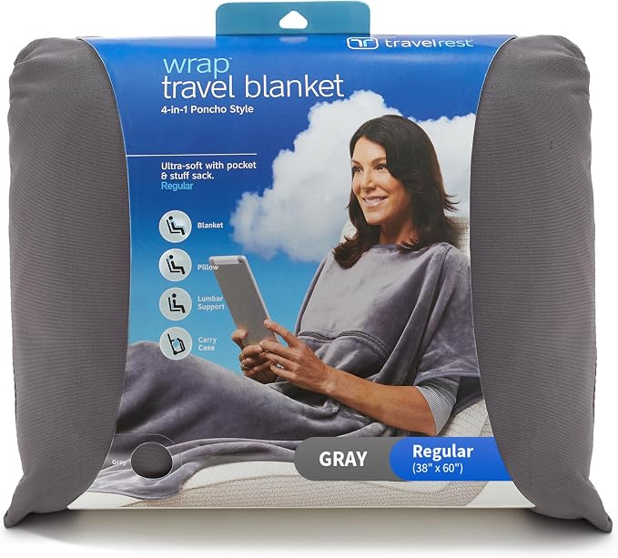 TRAVELREST 4-in-1 Travel Blanket - Comfort for Long Travel - Grey Regular | Travel Essential Pillow & Body Wrap, Soft Lightweight Blanket, Ultra-Plush Fabric, Portable Carry Case Fit For Luggage by TRAVELREST