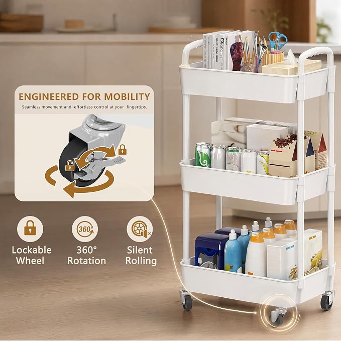 Laiensia 3-Tier Rolling Cart with Wheels,Multifunction Utility Storage Carts, Kitchen Storage Organizer,Mobile Shelving Unit for Bathroom,Laundry,with Classified Stickers,White (Pack of 2) - Image 4
