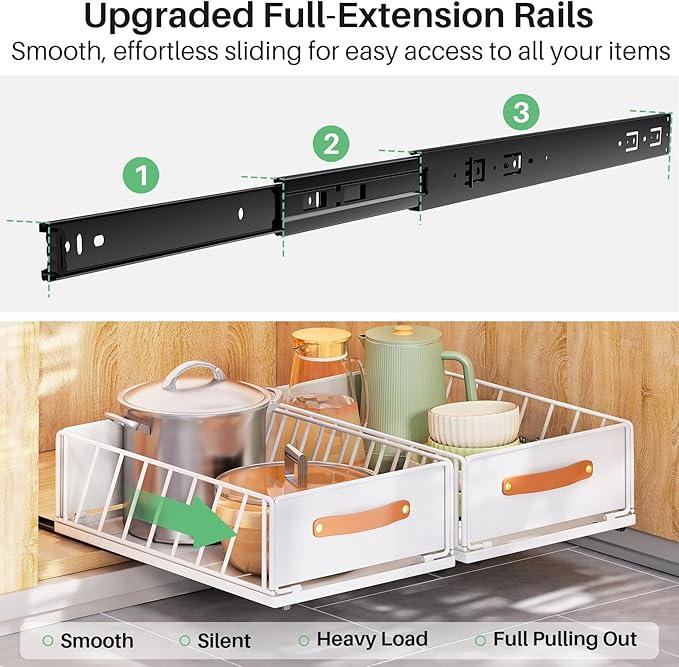 2Pack Pull out Cabinet Organizer,Heavy Duty Slide out Pantry Shelves Drawer Storage with Adhesive Nano Film,Sliding Mesh Basket with Handle for Kitchen, Bathroom, Home, 11.8W" X 15.7"D X 6.2"H,White - Image 3