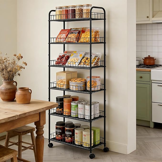 10in 6-Tier Slim Storage Cart with Wheels, Metal 10in Wide Black Narrow Rolling Shelf, Sturdy Slim Storage with Hooks Ideal for Kitchen, Bathroom, and Laundry Room - Image 8