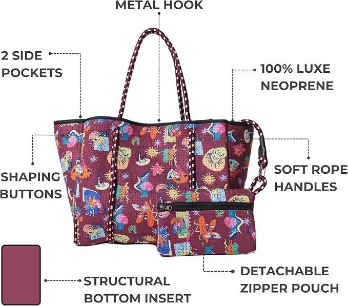 POPUPS Large Neoprene Tote Bag for Women - Everyday Designer Handbag for Travel Work and Beach with Pockets and Zipper Pouch - Image 4