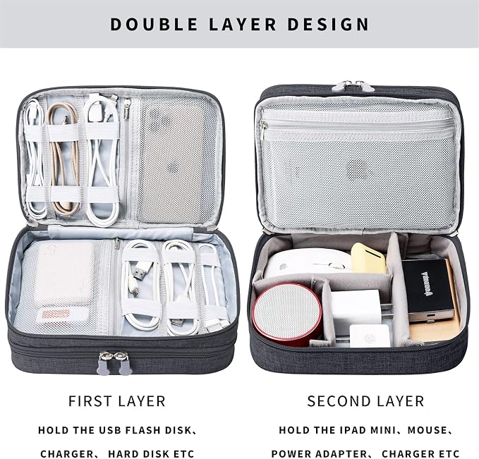 Lanola Travel Cable Organizer Bag, Electronic Accessories Case Portable Double Layer Cable Storage Bag for Cord, Charger, Flash Drive, Phone, SD Card,Personal Items - (Black) - Image 3