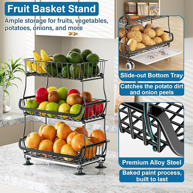 OKZEST 3-Tier Rolling Pantry Floor Organizers and Storage Cart with Wheels | Fits under pantry shelf, Stackable kitchen pantry baskets with dirt catch tray, Holds drink, snack, can, potato, onion, fruit - Image 4