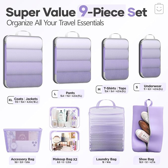 Veken 9/11 Set Compression Packing Cubes Garment Bags for Travel Essentials,Compressible Expandable Luggage Organizer Bags for Clothing,Space Saver Bags with Over 1000 pcs of Mesh Holes(Light Purple) - Image 2