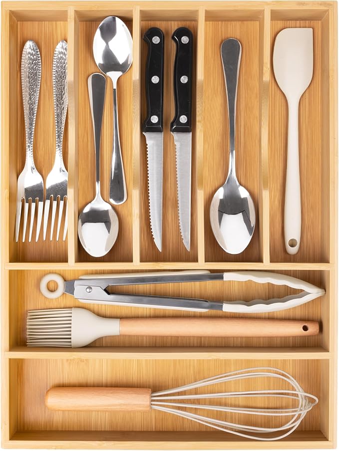 Bellsal Bamboo Silverware Drawer Organizer, Kitchen Utensil Drawer Organizers, 12"x15.7" Utensils Holder Cutlery Tray with Grooved Drawer Dividers for Kitchen Flatware Bedroom Office(7 Slot, Natural) - Image 8
