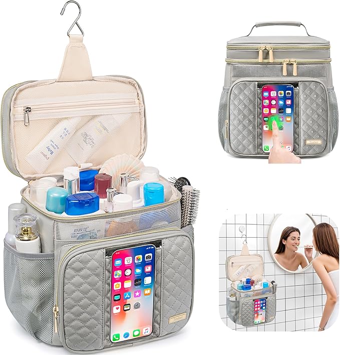 Large Leather Toiletry Bag for Women Men,Bathroom Bag,Water Resistant Shower Bag,Makeup Bag,Portable Shower Caddy for College Dorm,Hanging Travel Toiletry Bag with Transparent Waterproof Phone Pocket - Image 2