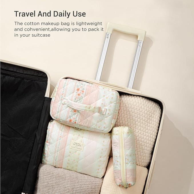 HBselect Quilted Makeup Bag, 3Pcs Cotton Large Travel Makeup Bags Organizer | Cute Floral Make up Bag Cosmetic Bag Toiletry Bag for Women Girls, Makeup Pouch for Skincare, Brushes & Travel Essentials - Image 4