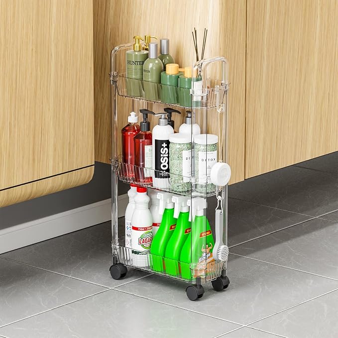 3 Tier Slim Rolling Storage Cart with Wheels for Small Space,Clear Modern Design Slim Utility Cart Suitable as Bathroom Cart Organizer Shelf,Skinny Bathroom Storage Rack,Narrow Laundry Cart on Wheels - Image 4