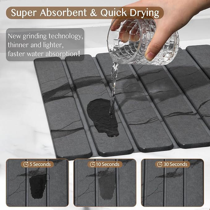 Large Stone Dish Drying Mat for Kitchen Counter, Thin & Light Quick Dry Stone Dishes Mats, Foldable Water Absorbing Diatomite Drying Pad for Kitchen Bathroom Sink Countertop (Gray Ink 24"×16" & 8"x4") - Image 3