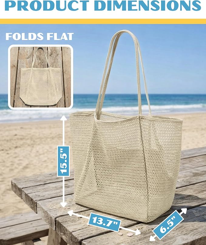 Rave Envy Large Mesh Beach Tote Bag - Waterproof Pool & Travel Beach Bag | Large Capacity | Sturdy Base | Lightweight Foldable Design | Quick-Drying Breathable Fabric | Spacious Multi-Pocket Storage - Image 4