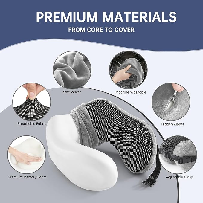 Neck Pillow Travel Pillow - 100% Pure Memory Foam Airplane Pillow with Adjustable Clasp & Removable Cover, Portable Travel Essentials for Long Flights, Car & Office (Light Gray) - Image 3