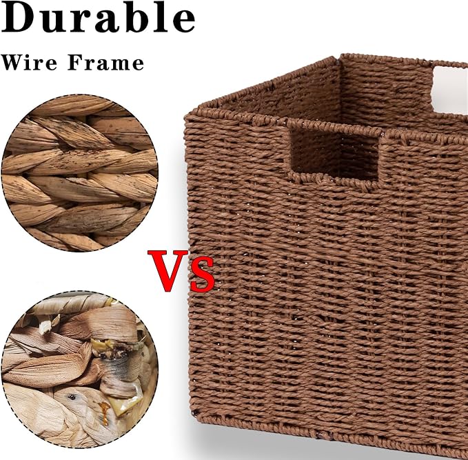 Wicker Basket, Set of 2 Hand-Woven Paper Rope Storage Baskets for Organizing, Foldable Cubby Storage Bins, 11 Inch Large Wicker Storage Basket, Square Baskets Cube Storage Organizer, Brown - Image 3